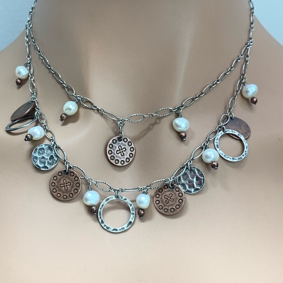 Silpada Vintage Sterling, Copper Coin & Freshwater Pearl 2-Tiered Link Necklace - Picture 5 of 15